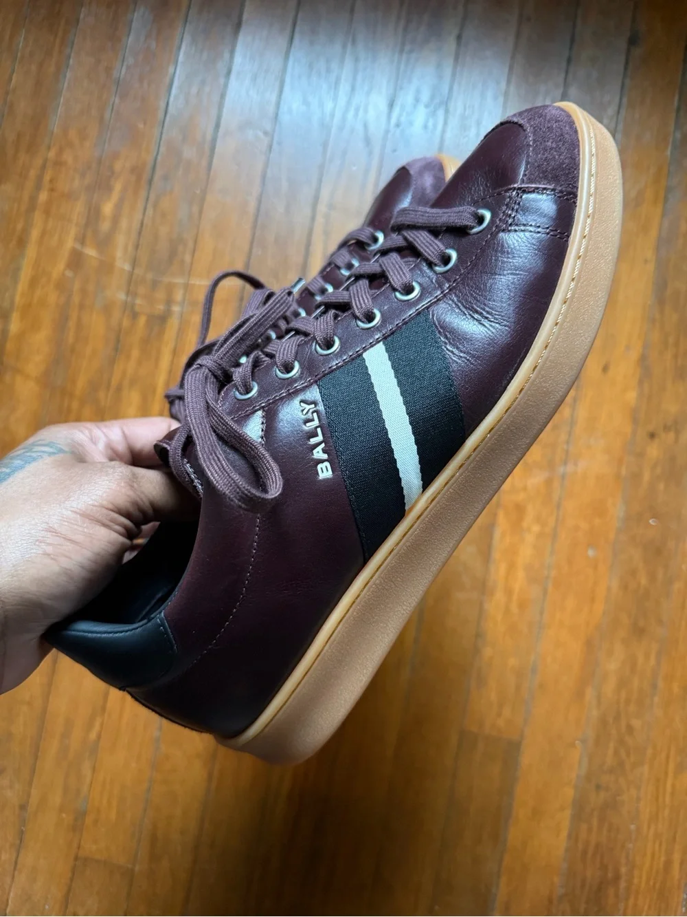 Bally Men's Burgundy and Black Leather Sneakers with Cream Stripe